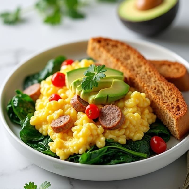 Egg White Scramble with Turkey Sausage, Sautéed Spinach, Avocado & Toast