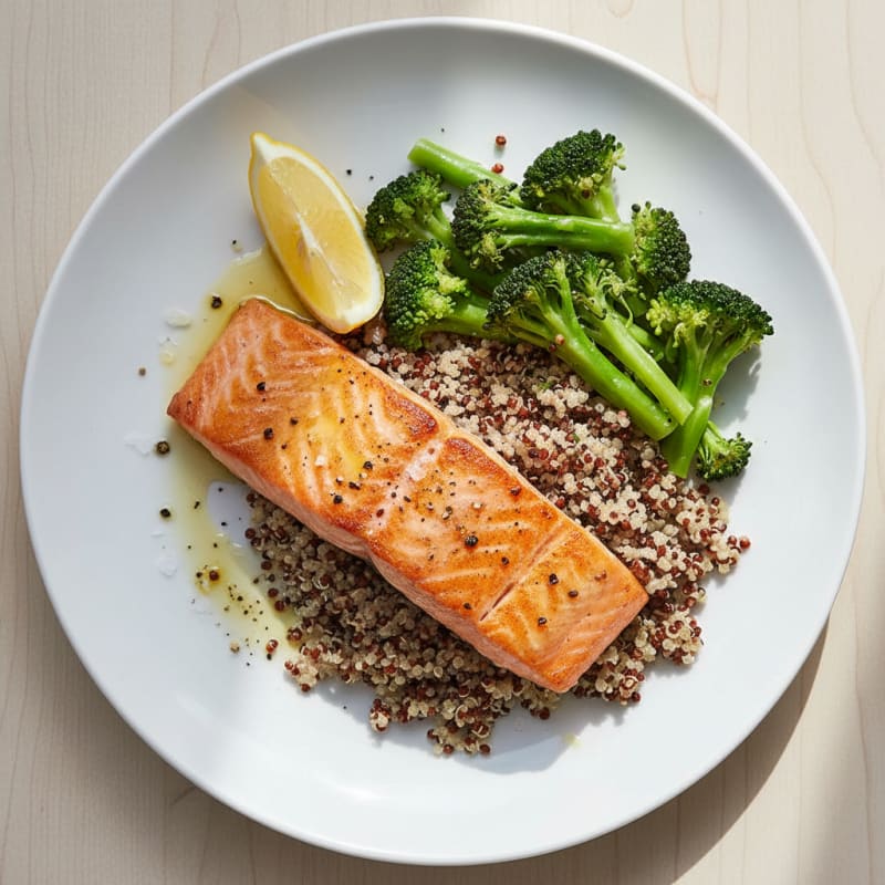 Seared Salmon Fillet with Steamed Broccoli and Quinoa