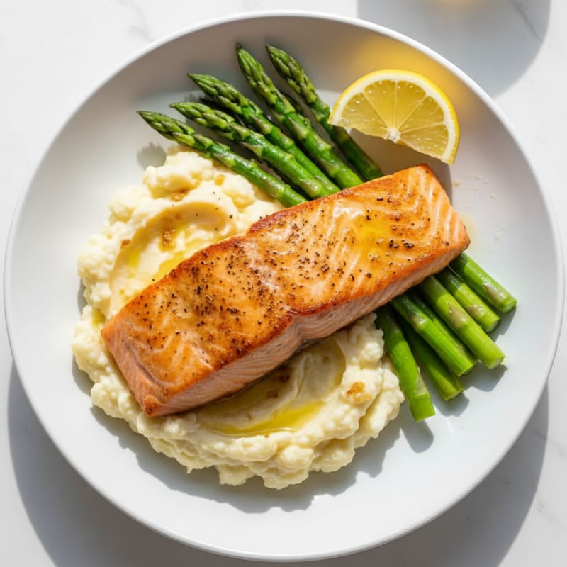 Seared Salmon Fillet with Steamed Asparagus and Garlic Mashed Cauliflower