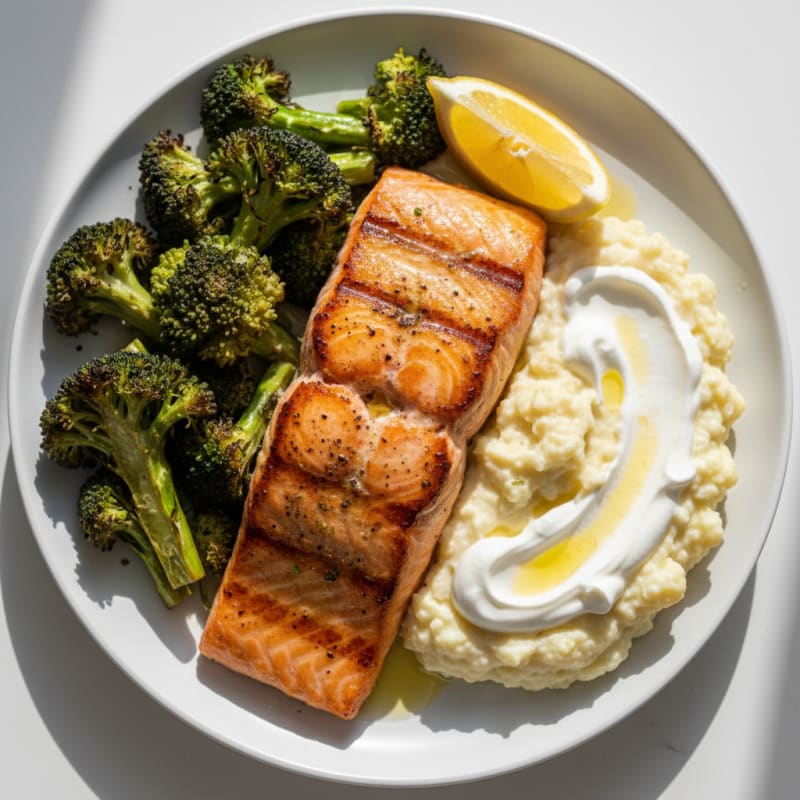 Seared Salmon Fillet with Roasted Broccoli and Garlic Mashed Cauliflower