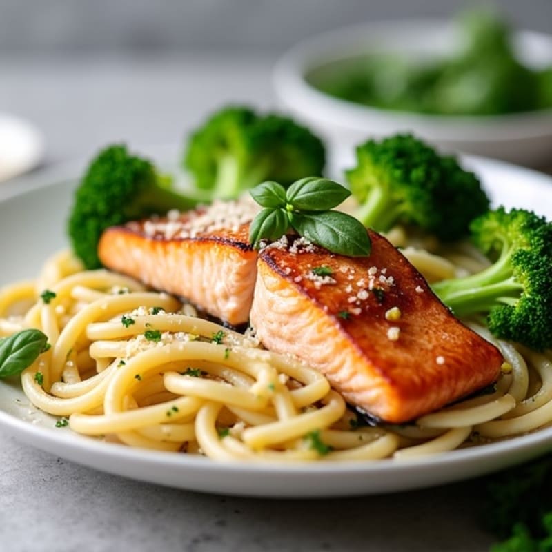Seared Salmon with Garlic Herb Pasta and Steamed Broccoli