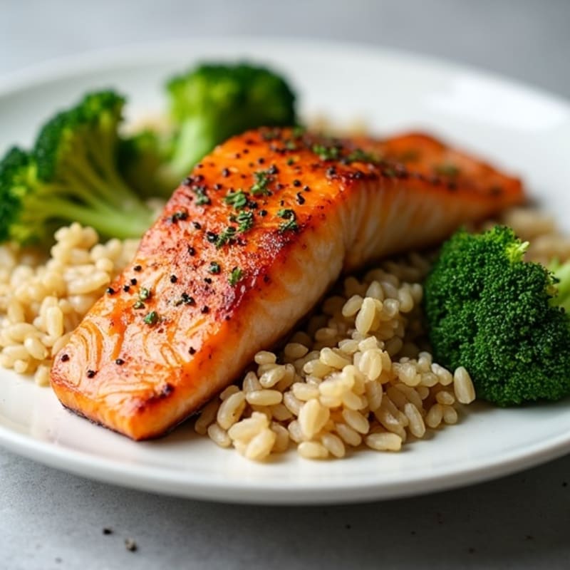 Flaky Baked Salmon with Brown Rice and Roasted Broccoli