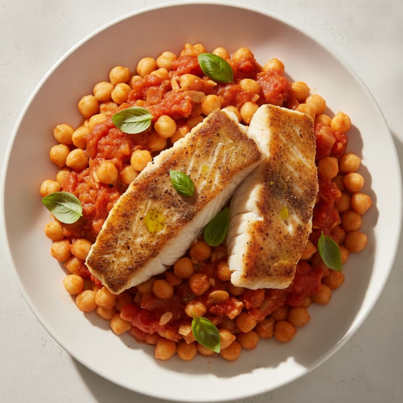 Seared Cod with Tomato Sauce over Protein Pasta
