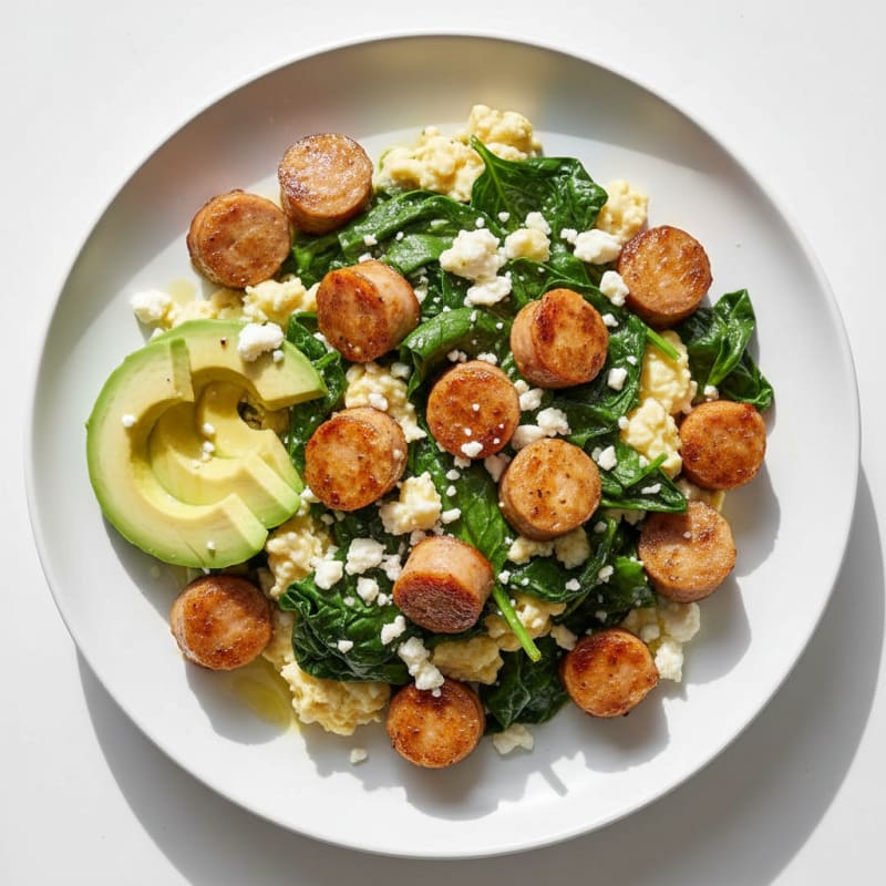 Chicken Sausage and Egg White Scramble with Spinach