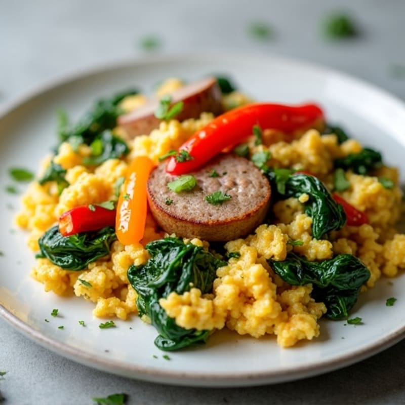 Egg White Spinach Scramble with Turkey Sausage and Sautéed Peppers