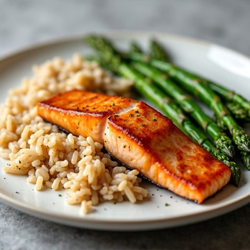 Seared Salmon with Steamed Asparagus and Brown Rice