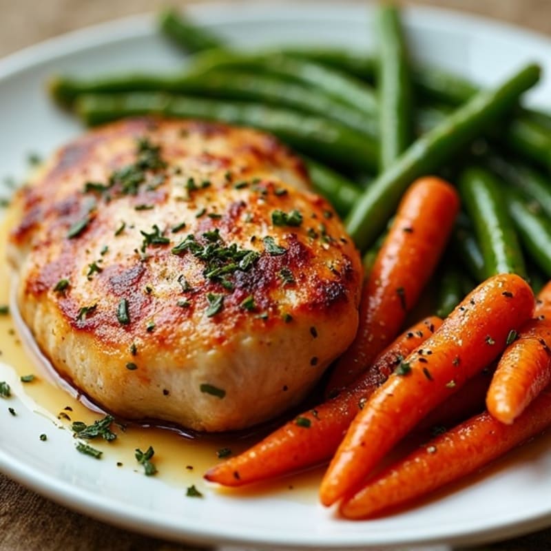 Crispy Pan-Seared Chicken with Maple Glazed Roasted Carrots and Tender Green Beans