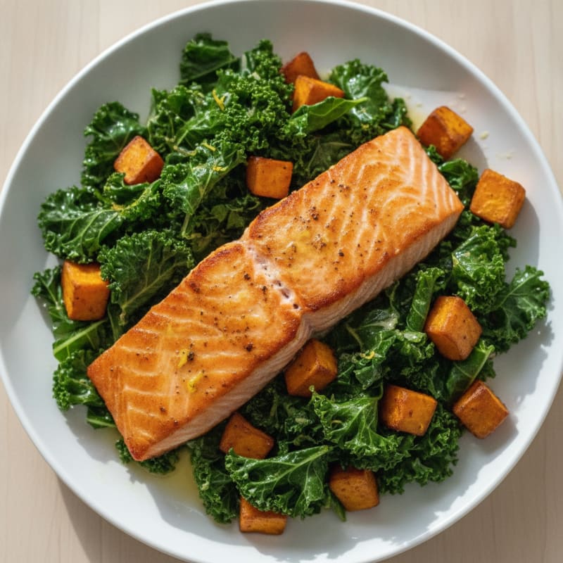 Pan-Seared Salmon with Garlic Kale and Roasted Sweet Potatoes