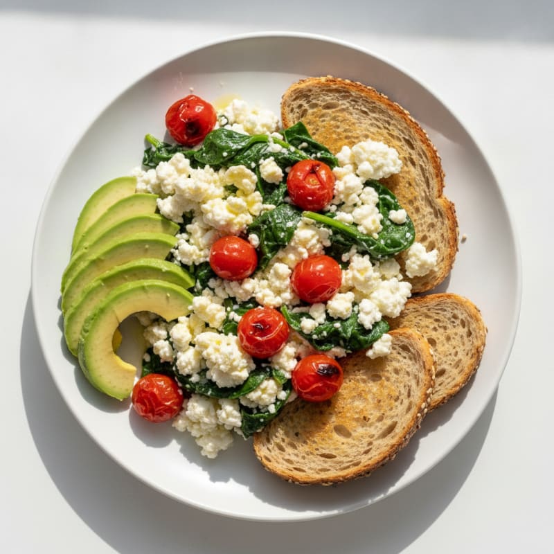 Cottage Cheese Egg White Scramble with Spinach and Cherry Tomatoes