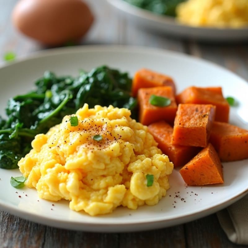 Fluffy Scrambled Eggs with Sautéed Spinach and Roasted Sweet Potatoes