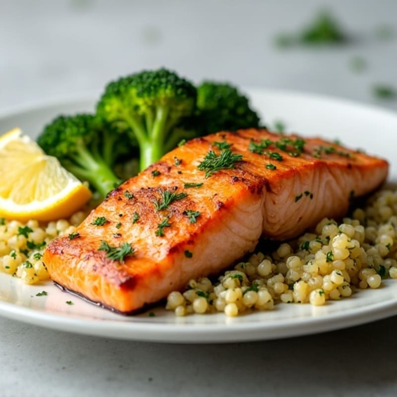 Seared Salmon with Roasted Broccoli and Lemon-Herb Quinoa