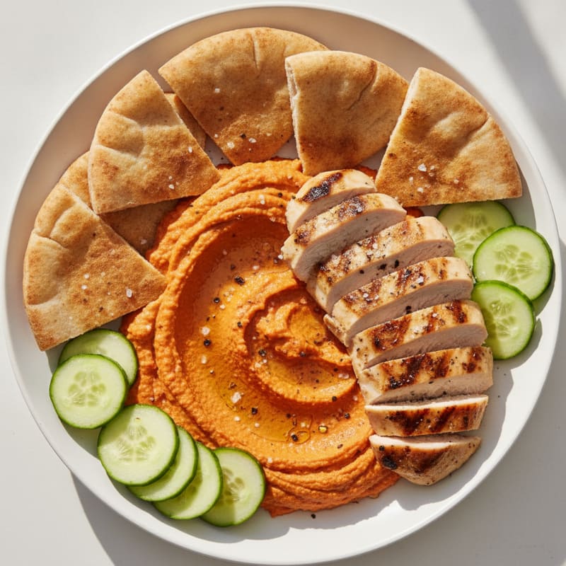 Roasted Red Pepper Hummus with Grilled Chicken and Pita