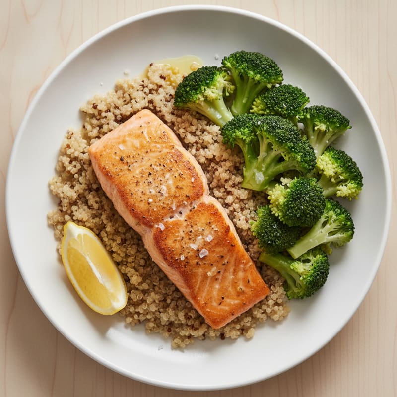 Seared Salmon with Steamed Broccoli and Quinoa