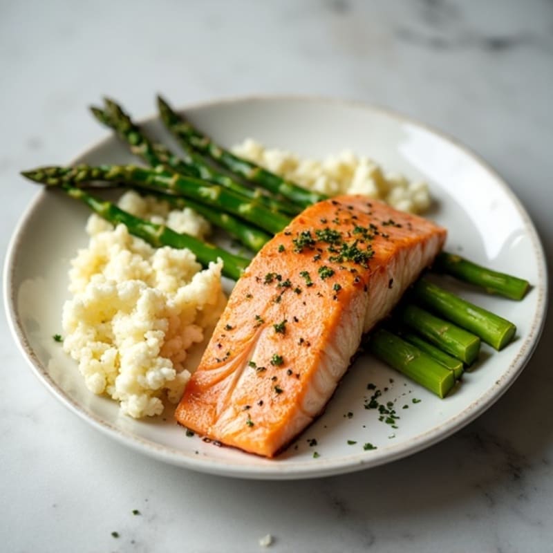 Seared Salmon with Roasted Asparagus and Garlic Mashed Cauliflower