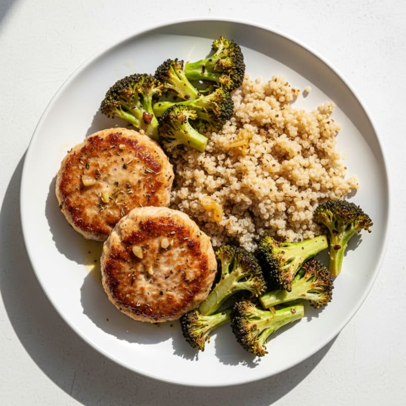 Seared Turkey Patties with Roasted Broccoli and Quinoa
