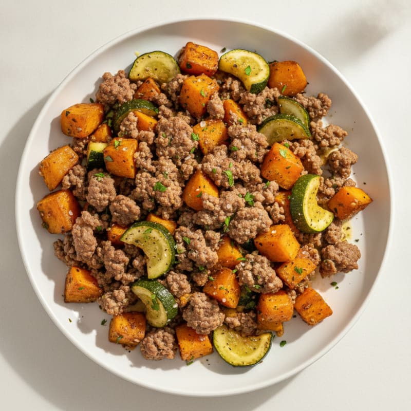 Garlic Herb Beef with Roasted Sweet Potatoes and Zucchini
