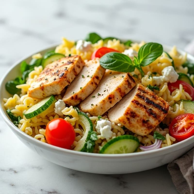 Lemon Herb Gluten-Free Pasta Salad with Grilled Chicken and Crunchy Veggies