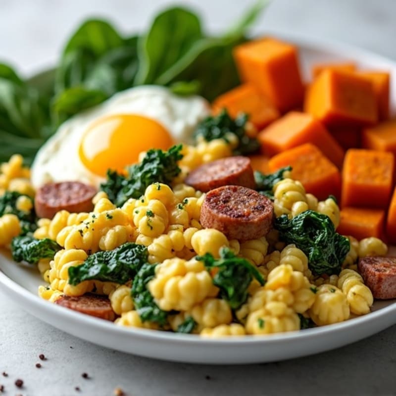 Egg White and Turkey Sausage Scramble with Sautéed Spinach and Roasted Sweet Potato
