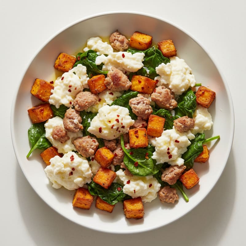 Egg White and Turkey Sausage Scramble with Spinach and Sweet Potato