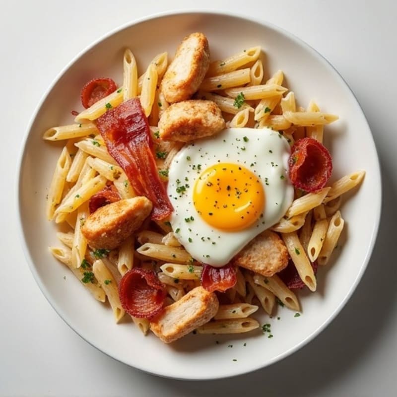Crispy Turkey Bacon and Chicken Pasta with Creamy Egg Sauce