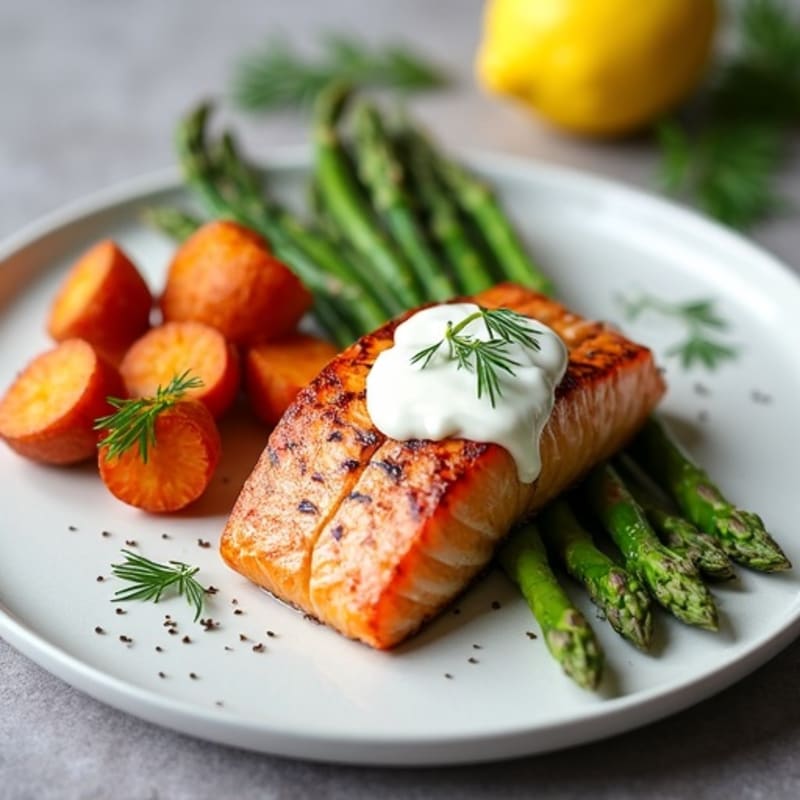 Seared Salmon Fillet with Roasted Sweet Potatoes and Asparagus with Greek Yogurt Dill Sauce
