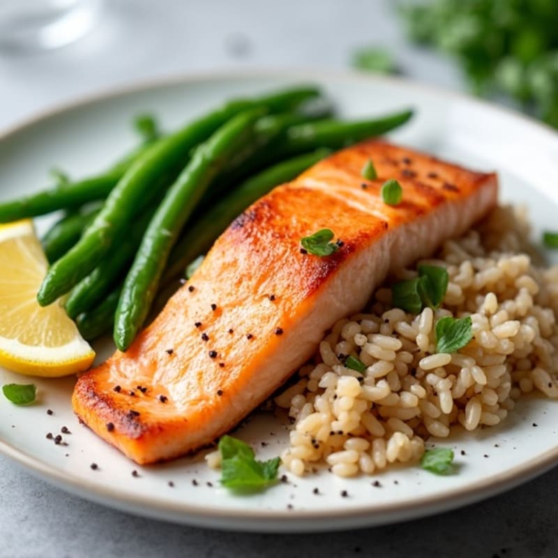 Seared Salmon Fillet with Steamed Green Beans and Brown Rice