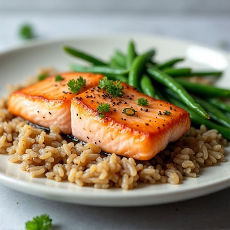 Seared Salmon with Steamed Green Beans and Brown Rice