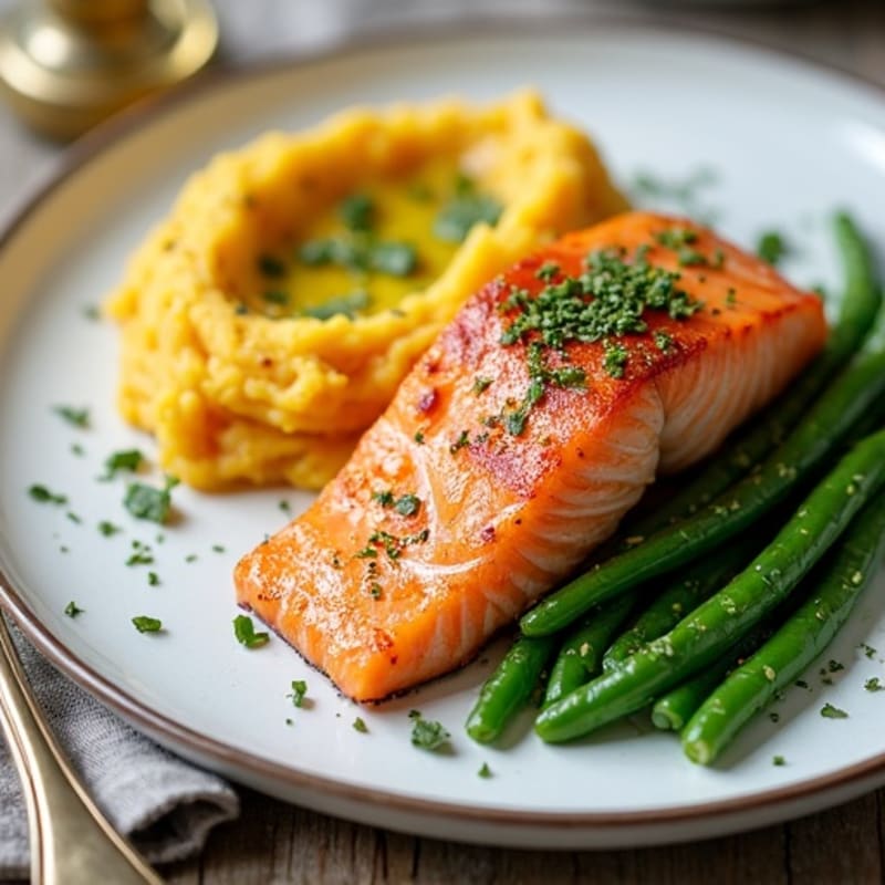 Seared Salmon with Garlic Green Beans and Mashed Sweet Potato