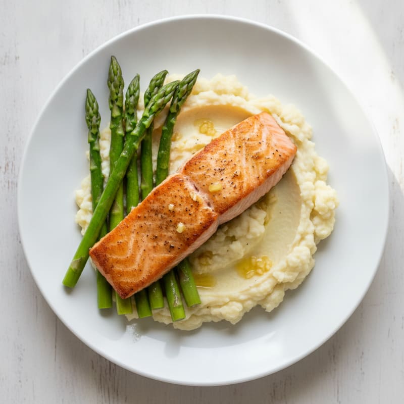 Seared Salmon with Steamed Asparagus and Garlic Mashed Cauliflower