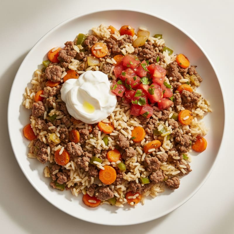 Beef and Rice Skillet with Carrots and Tomato Salsa