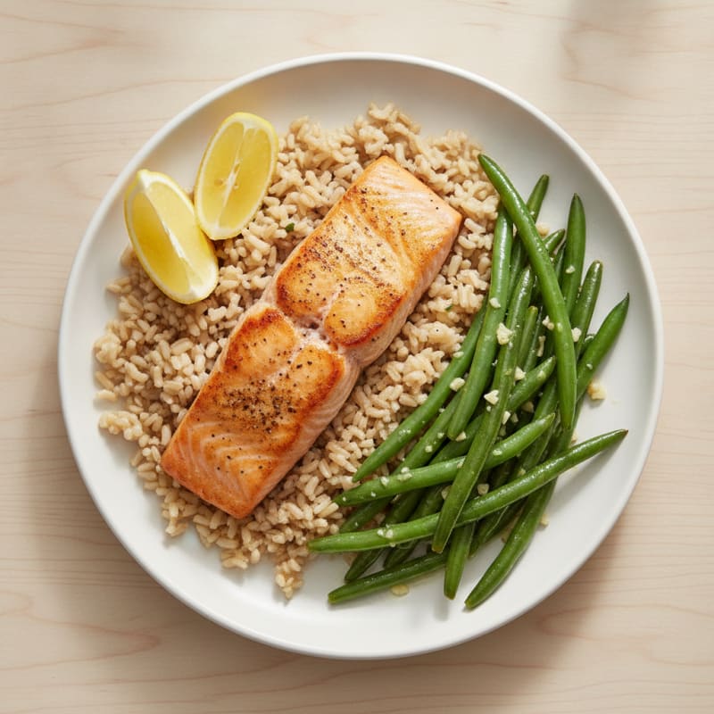 Seared Salmon with Garlic Green Beans and Brown Rice