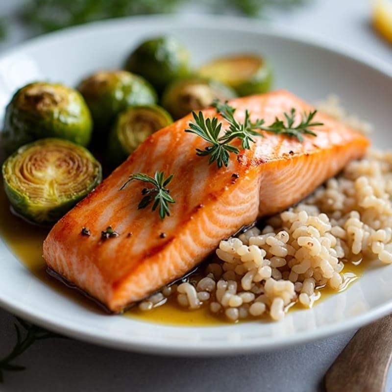 Seared Salmon Fillet with Brown Rice and Roasted Brussels Sprouts
