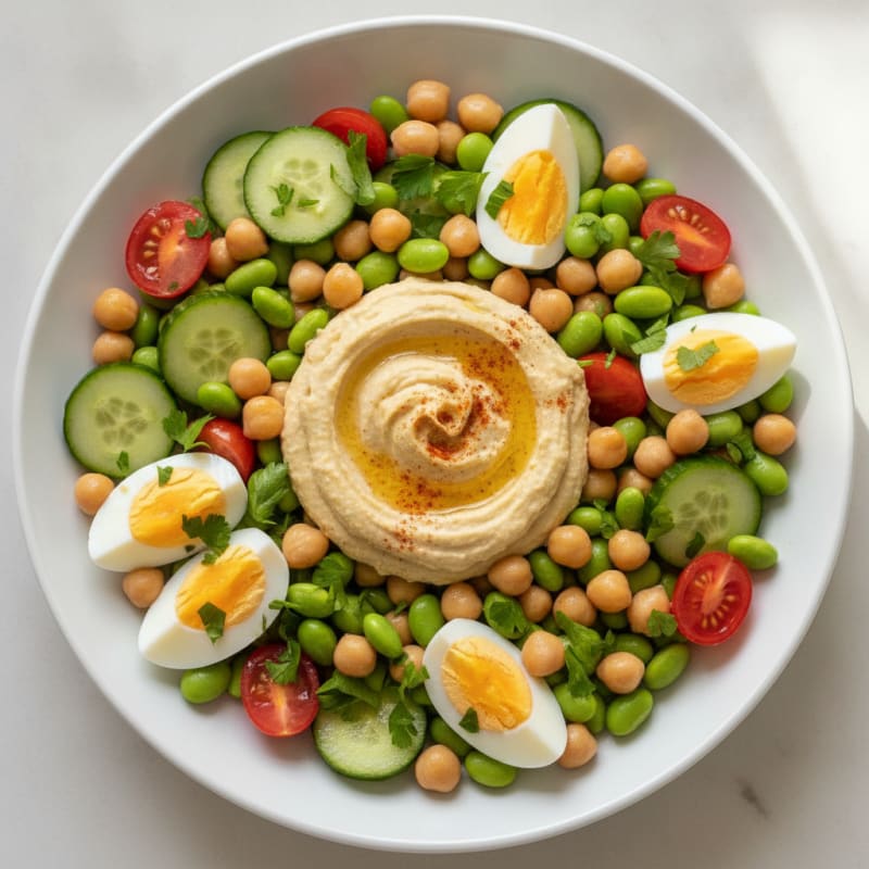 Chickpea and Edamame Salad with Hummus and Cucumber