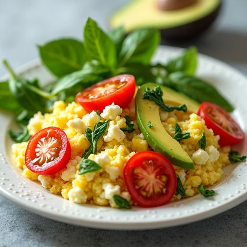 Cottage Cheese Egg White Scramble with Spinach and Cherry Tomatoes