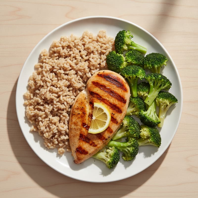 Grilled Chicken Breast with Steamed Broccoli and Brown Rice