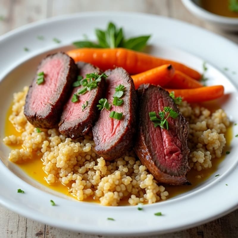 Seared Lean Beef Strips with Quinoa and Roasted Carrots