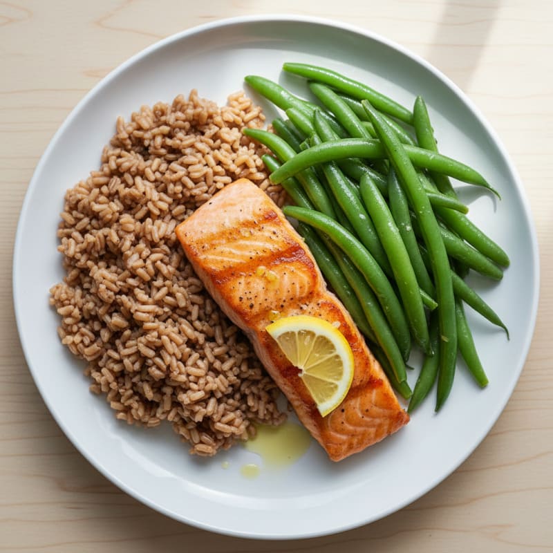Seared Salmon with Steamed Green Beans and Brown Rice