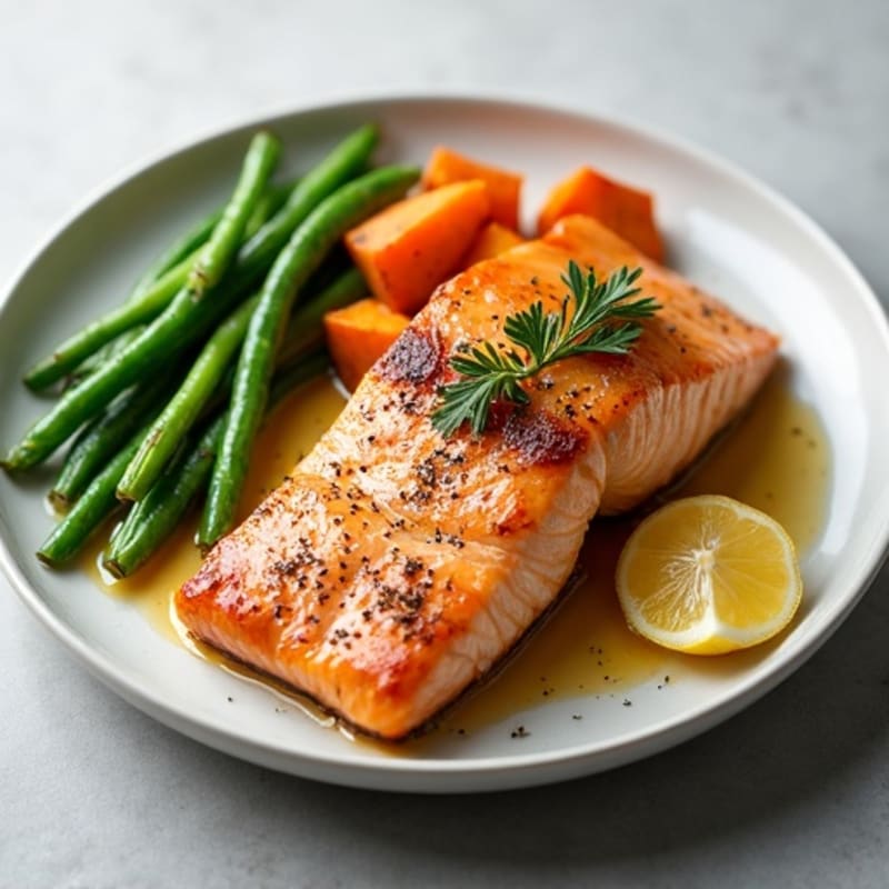 Seared Salmon with Roasted Sweet Potato and Green Beans