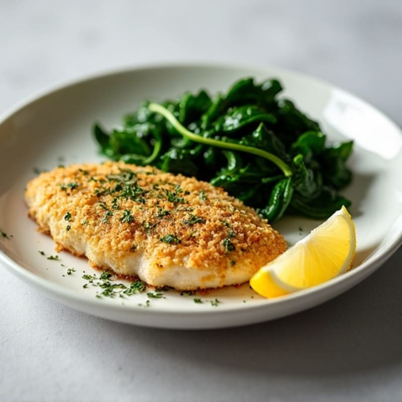Herb-Crusted Chicken Breast with Garlic Sautéed Spinach