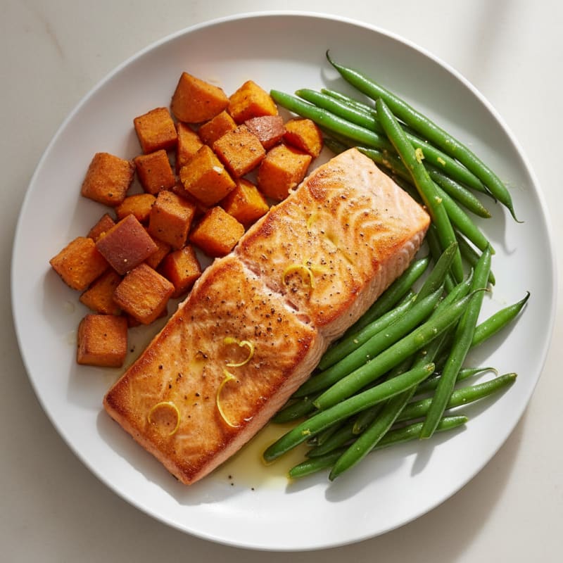 Seared Salmon with Roasted Sweet Potato and Green Beans
