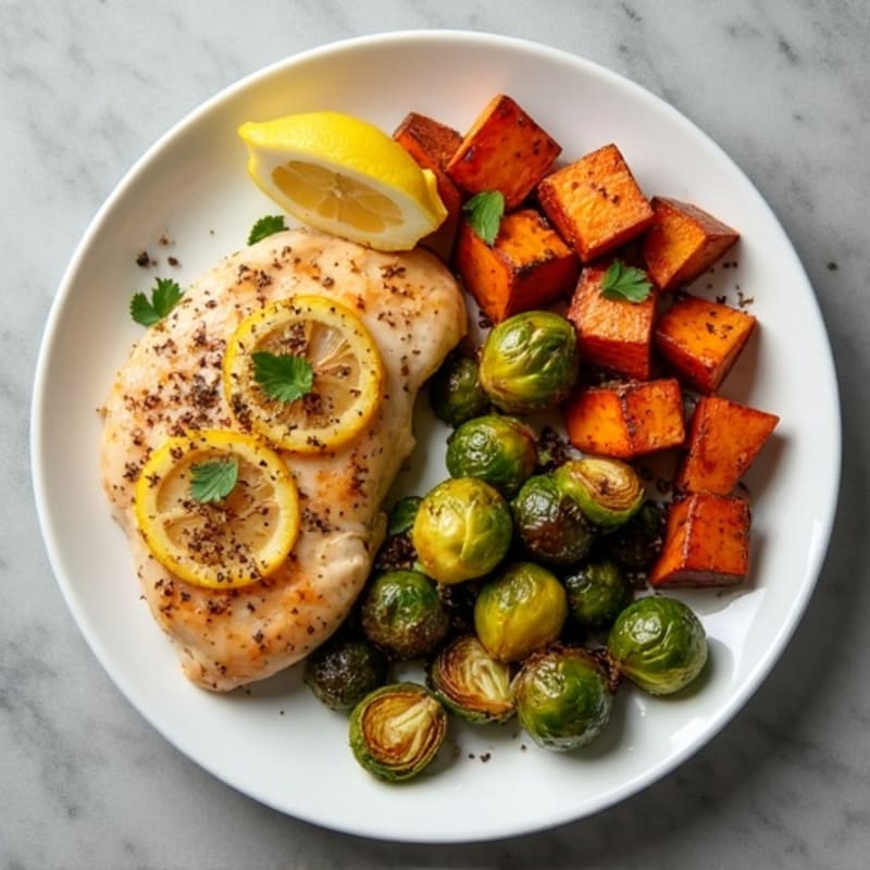 Sheet Pan Lemon Garlic Chicken with Roasted Brussels Sprouts and Sweet Potatoes