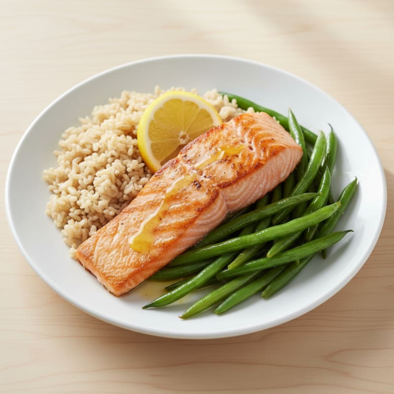 Seared Salmon with Steamed Green Beans and Brown Rice