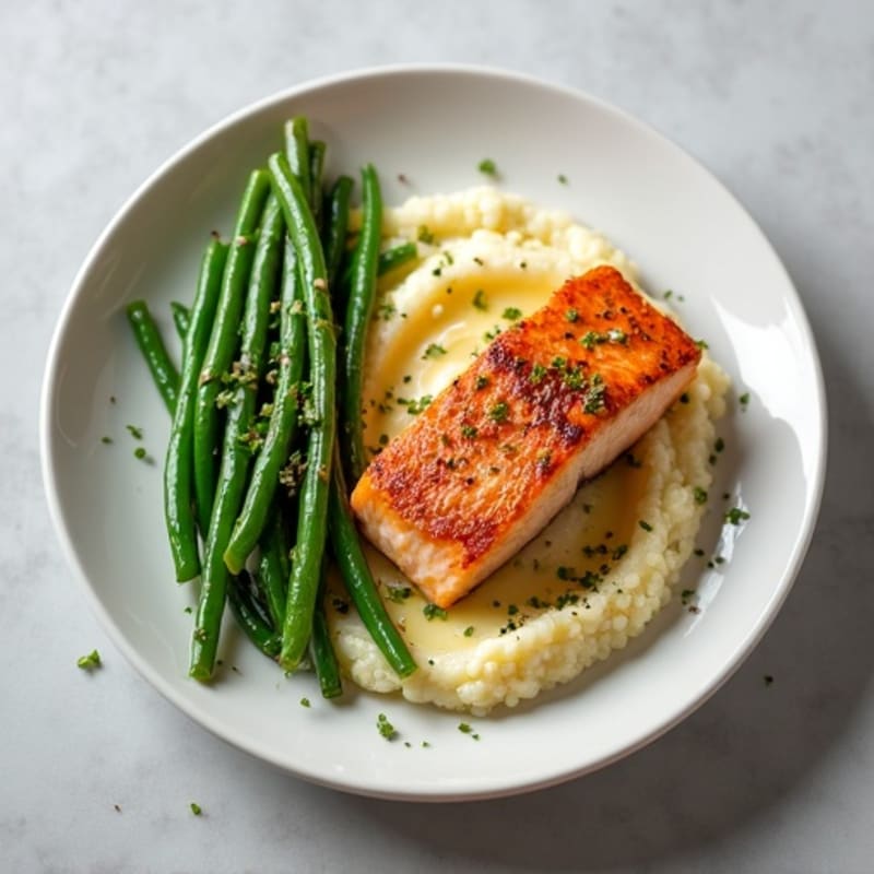 Seared Salmon with Garlic Green Beans and Cauliflower Mash