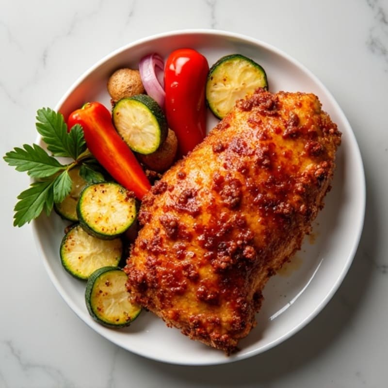 Crispy Baked Spicy BBQ Chicken with Roasted Vegetables