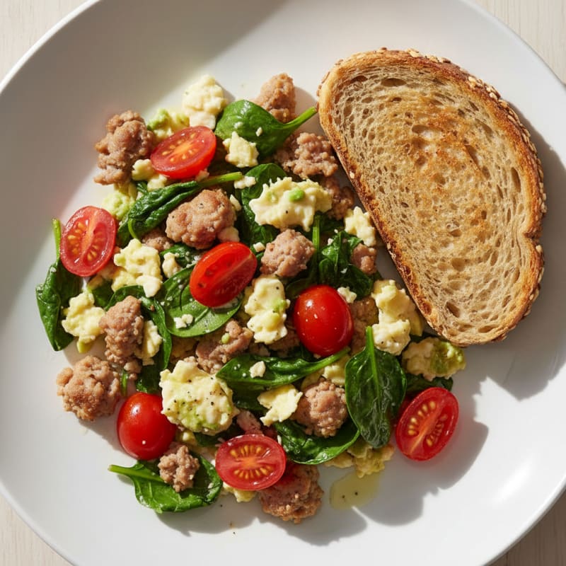 Egg White and Turkey Sausage Scramble with Spinach and Tomatoes