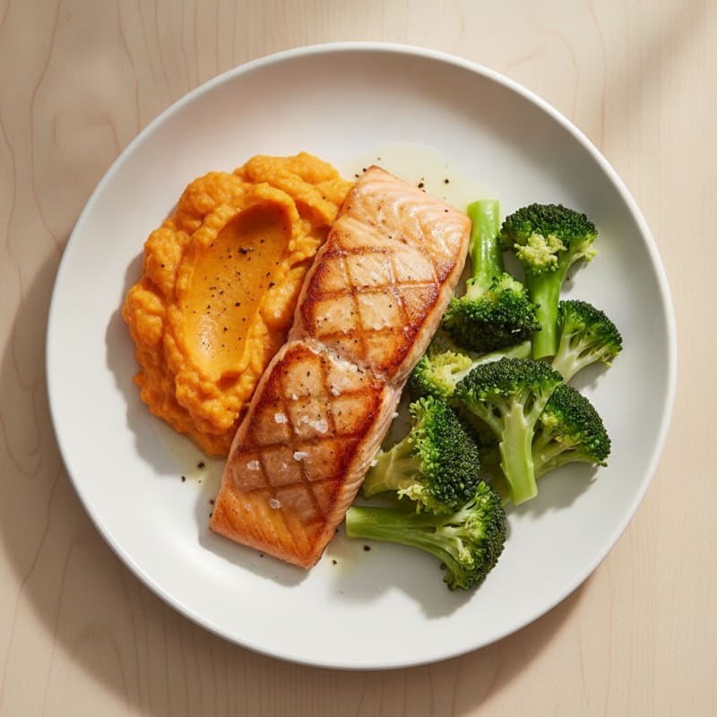 Seared Salmon with Steamed Broccoli and Sweet Potato Mash