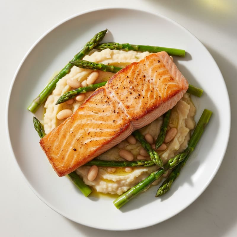 Seared Salmon Fillet with Creamy White Bean Mash and Asparagus