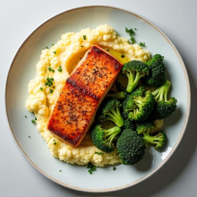 Seared Salmon with Roasted Broccoli and Cauliflower Mash