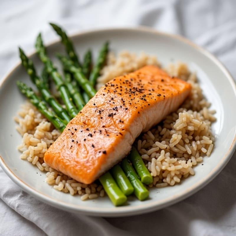 Seared Salmon with Steamed Asparagus and Brown Rice