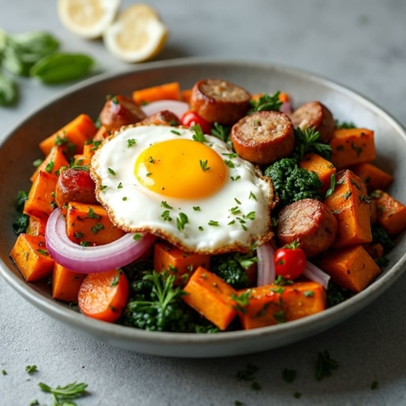 Turkey Sausage and Crispy Sweet Potato Breakfast Skillet